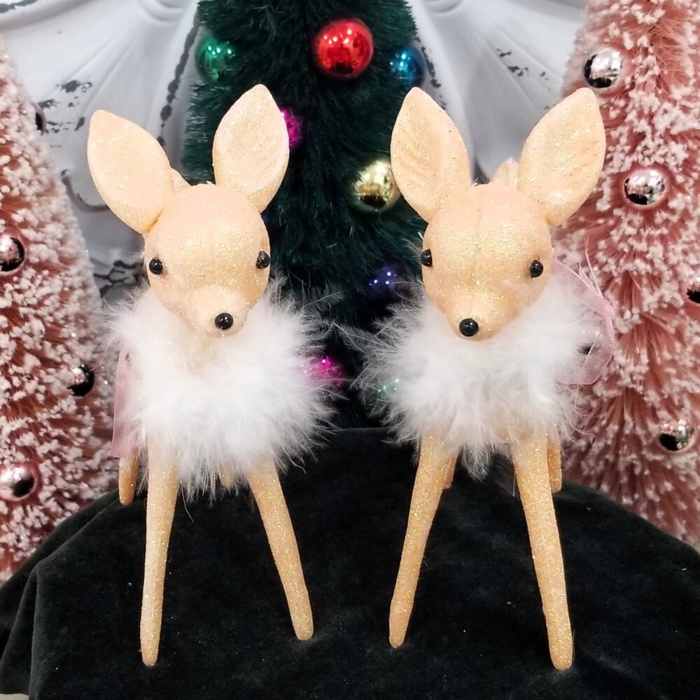 Pink Glitter Shabby Vintage Deer Fawn Christmas Ornaments Faux Fur Collar Kitsch
